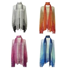 Elegant Gradients Knit Poncho Set Fringe Tassels Fishnet Cover Up and Long Scarf