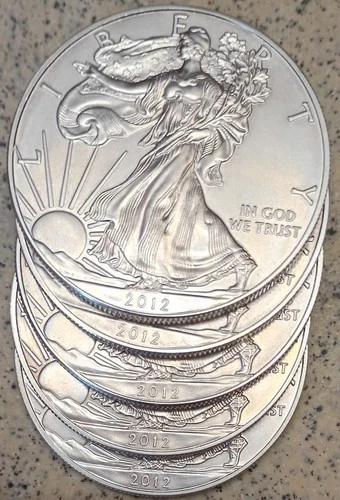 2012 1 Oz Silver American Eagles (5 total) Uncirculated Brilliant Coins