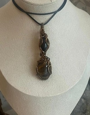 Tiger s Eye Obsidian Crystal Pendant Necklace Antique Copper Wire Wrap
