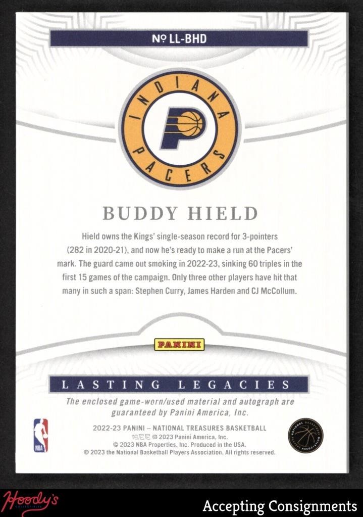 2022 National Treasures Lasting Legacies Buddy Hield GAME USED JERSEY AUTO 91/99 view 2