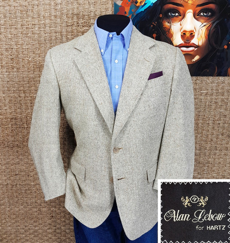 ALAN LEBOW 40 R SPRING/SUMMER Pure Silk Sport Coat Off-White & Khaki Herringbone