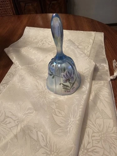 Fenton Blue Opalescent Ruffled Bell with Iris Floral Pattern