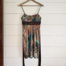 Y2K Abstract Babydoll Slip Dress M Tie Back Mini Dress 90s A Byer Brown Multi