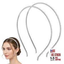2 Pcs Thin Rhinestone Headbands for Women, Silver Sparkly Crystal Hairbands