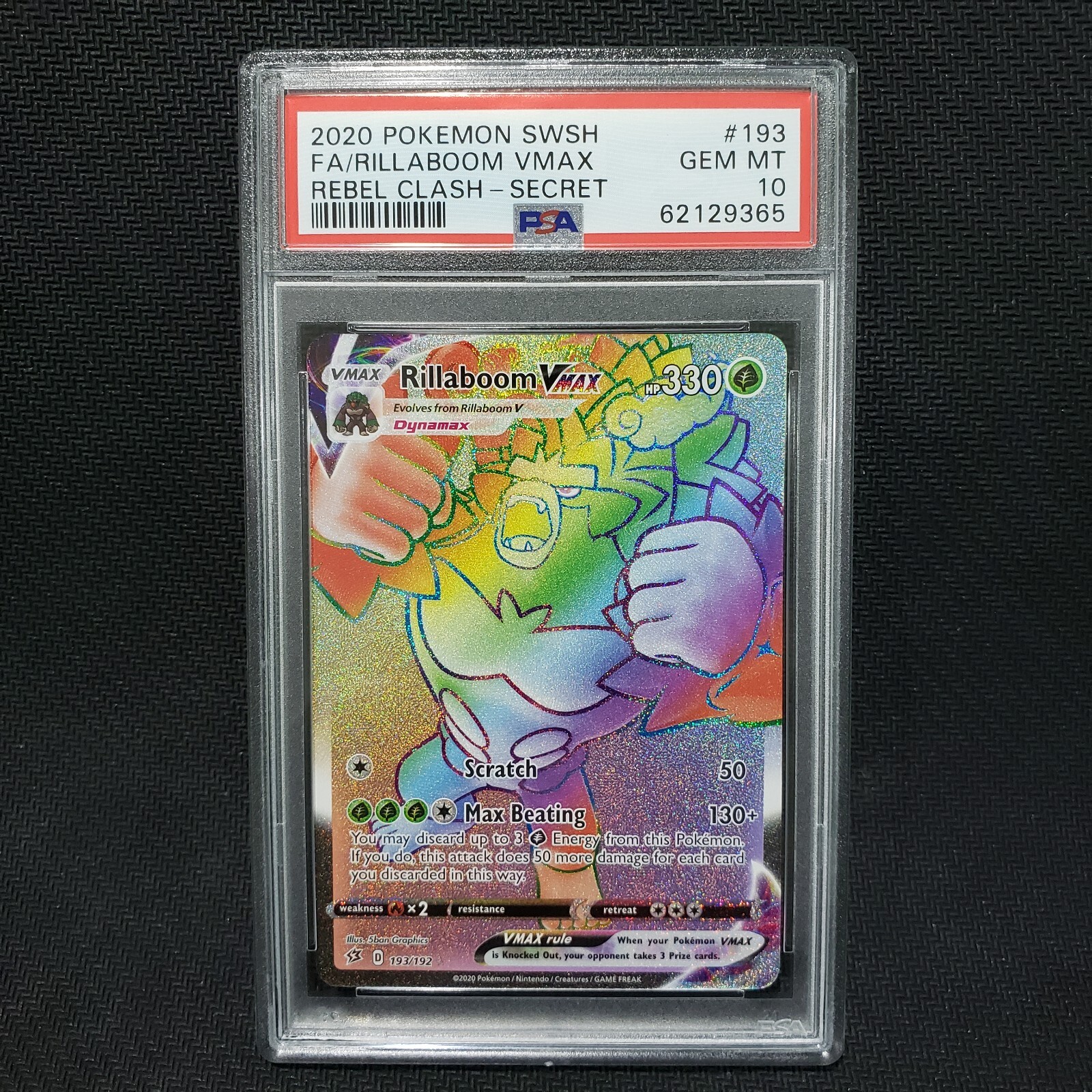 2020 Pokemon: RILLABOOM VMAX 193/192 - [Secret] [Rebel Clash] Gem Mint PSA 10 💎