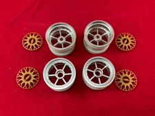 4 TEAM ASSOCIATED  RC10DS FRONT + REAR  WHEELS + GOLD CAPS  RC10 DS AE RIMS