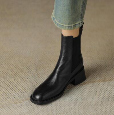 Women's Real Leather Low Heel Ankle Boots Round Toe Short Black Casual  Boots