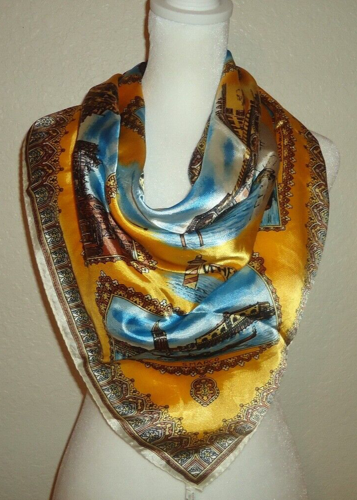 2 Vtg Italy Women's Souvenir Scarf Of Venezia Venice Blue & Gold