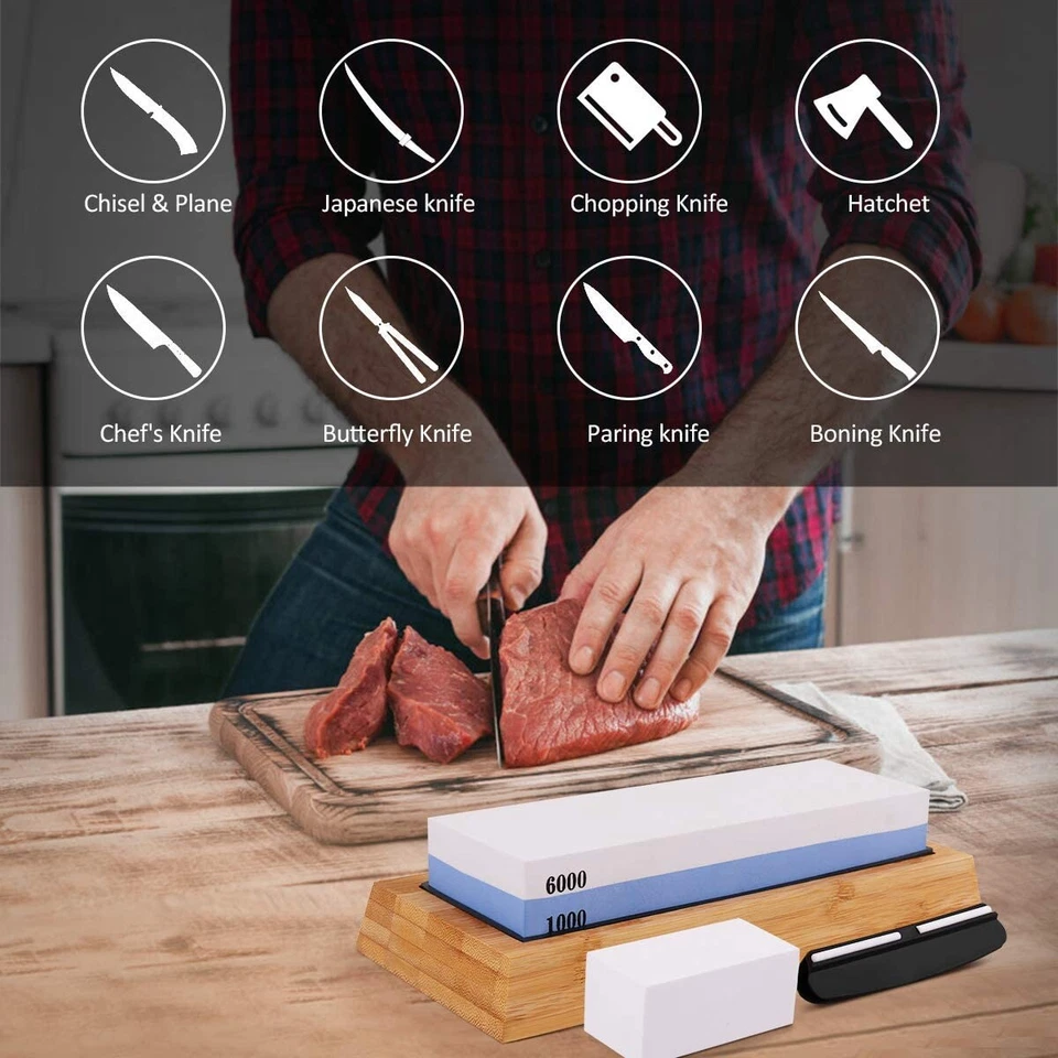 Piedra de afilar doble piedra de afilar grano 1000/6000 - con base de bambú y guía de ángulo Foto 3 de 4