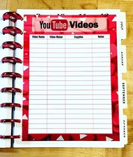 You Tube Videos Tracker Two Sided Dashboard for use w Erin Condren Planner
