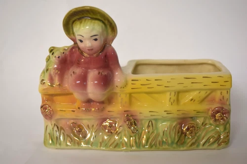 Hull Pottery USA #87 "Girl on Fence" Planter Gold Accent Colorful! ca. 1960s