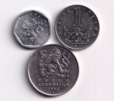 Drei Tschechische Republik Münzen, 20 Haleru, 1 und 5 Korun, 1994, 1995 und 1996