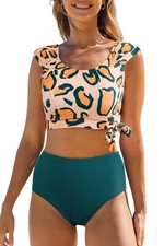 Green Leopard Print U Neck Knotted High Waist Bikini Set New S, M , XL, 2XL