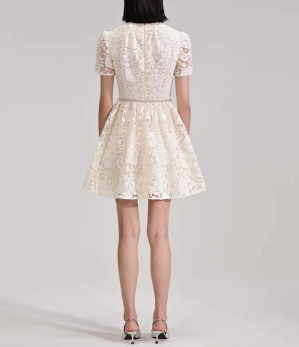 Self-Portrait Bow Neck Lace Mini Dress Short Sleeve Short Dress for Ladies - Picture 3 of 6