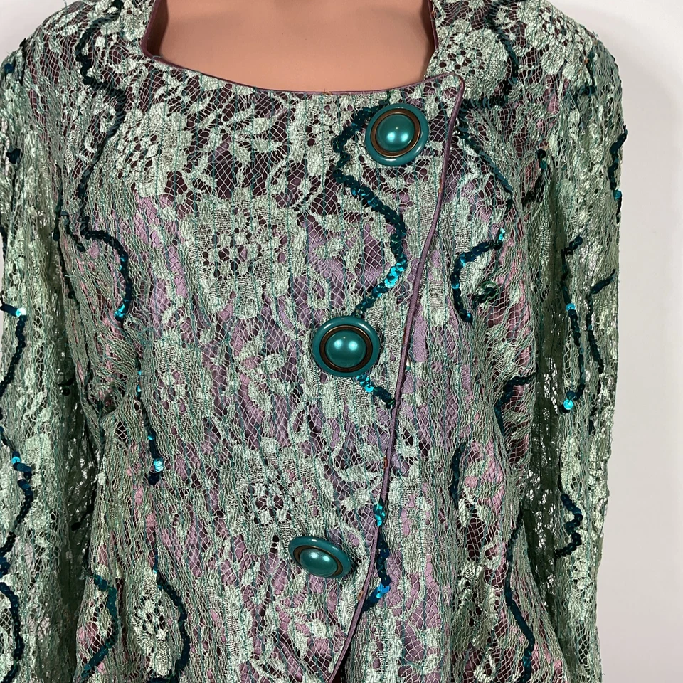 VTG GALLERIA Sequin Evening Blazer Jacket Lace Plus 15/16 Vintage Floral Beaded - Image 3 of 4