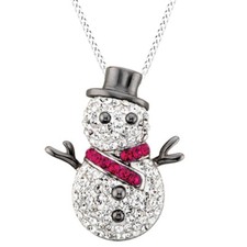 Round Cut White  Red Crystal Snowman Pendant in Sterling Silver
