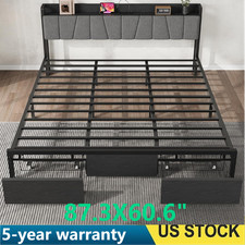 Queen Size Bed Frame Platform Bed w/Storage Headboard 2 Drawers Charging Station
