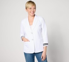 Susan Graver Weekend Marina Knit 3/4-Sleeve Blazer with Rib Knit Cuffs White/Bla