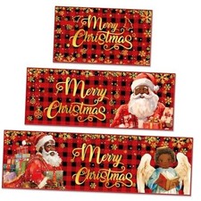 Christmas Kitchen Rugs Set of 3 Buffalo Plaid Santa Claus Kitchen Rugs Black