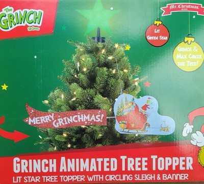 Grinch Sleigh Animated Holiday Tree Topper Green Star by Mr Christmas