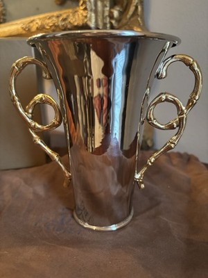 Evoca by L'Objet Nickel Plate Vase 24K Gold Plate Bamboo Handles~5.5 x6 ~Scuffs