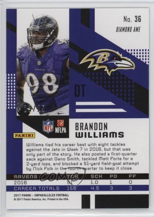 2017 Panini Unparalleled Teal /25 Brandon Williams #36 Rookie RC - Image 2 of 2