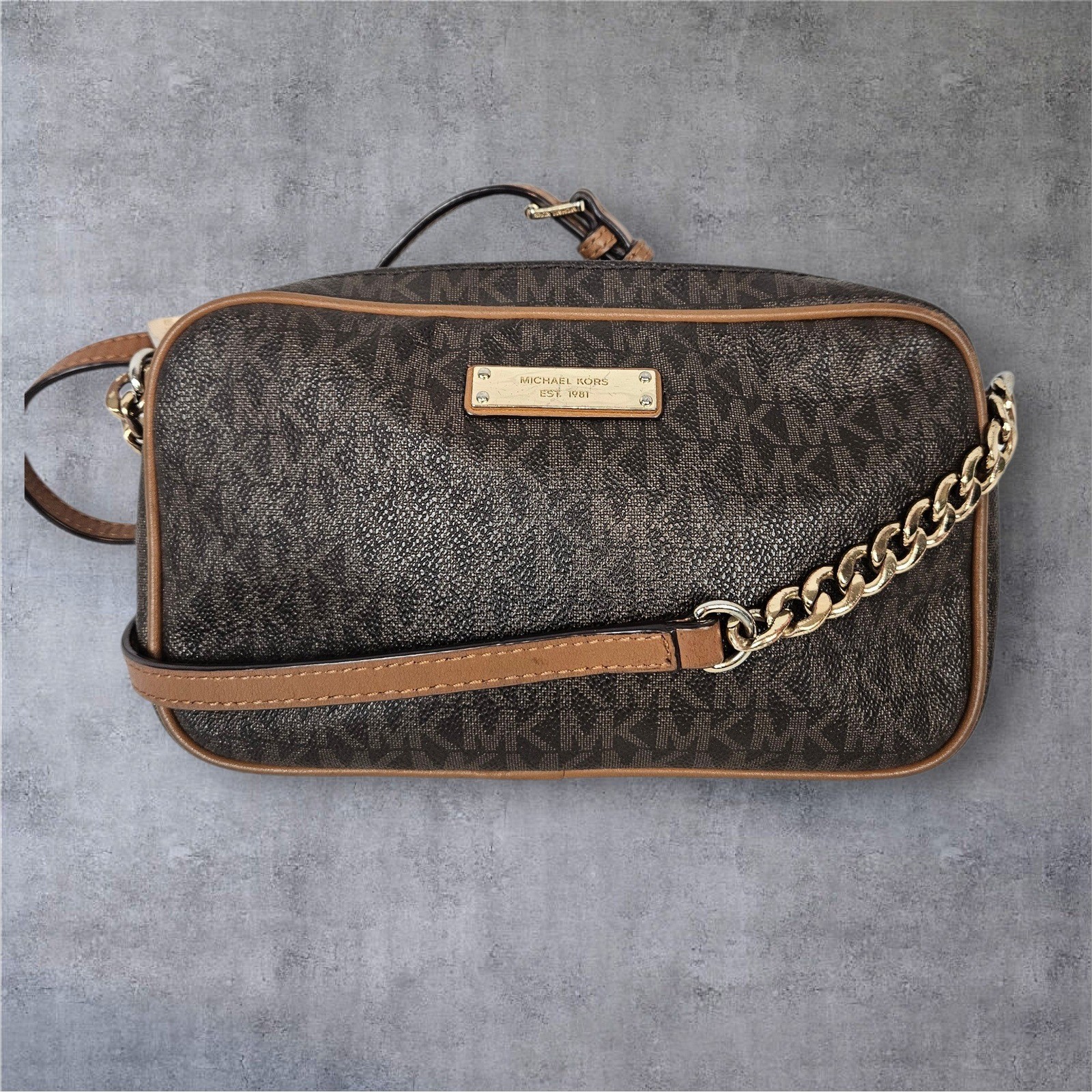 Michael Kors Jet Set Signature Monogram Chain Strap Crossbody Bag Brown