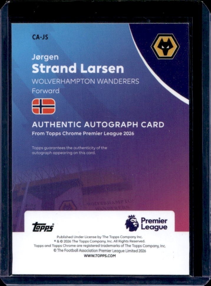 2026 Topps Chrome Premier League Jorgen Strand Larsen Auto Blue Refractor #/150 view 2