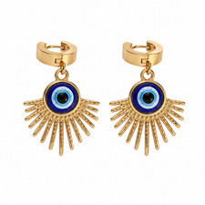 Gold Evil Eye Sunburst Hoop Dangle Earrings S...