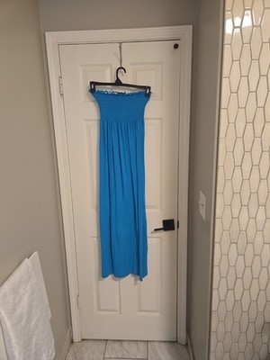 boohoo Blue Solid Strapless Smocked Stretch Sleeveless Maxi Dress US 6