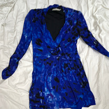 Karen Millen Blue/Black Abstract Wrap Dress V-Neck Long Sleeve Short UK 12
