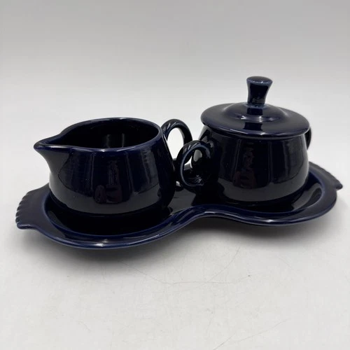 Fiestaware Homer Laughlin Cobalt Blue Creamer Sugar Bowl Lid Tray  4Pc Set HLC