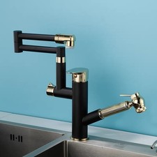 Brass Kitchen Faucet Black Gold with Pull-out Sprayer Folding Spout Mixer Tap