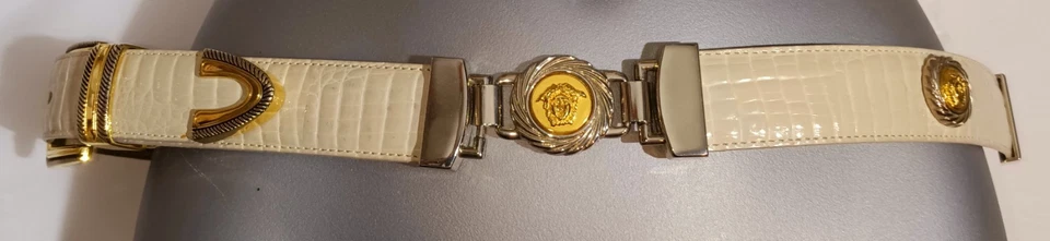 Avanti Medusa Cinturón Conchos Cinturón Dorado y Plateado Croc Crema Paciente Talla 32 Foto 4 de 4