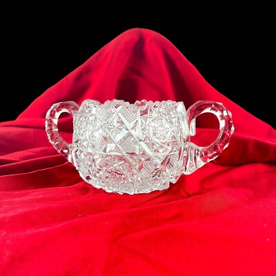 American Brilliant Period Cut Glass 2 Handle Sugar Bowl Hobstar Star Pattern