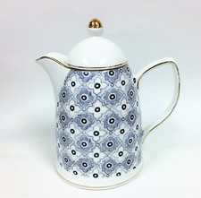 NEW GRACE'S WHITE+VINTAGE COBALT BLUE+GOLD TRIM PORCELAIN,TEA,COFFEE POT,TEAPOT 