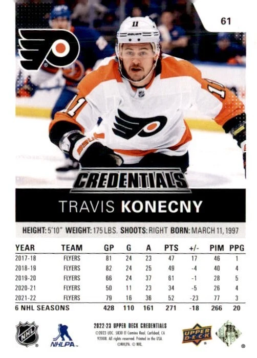 2022-23 Upper Deck Credentials Hockey #61 Travis Konecny Philadelphia Flyers - Image 2 of 2