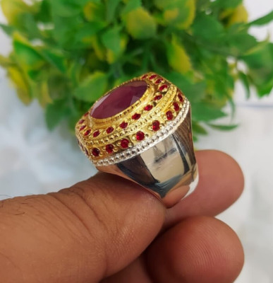 100 % natürlicher roter Rubin Ring Sterlingsilber 14 Karat vergoldet Ring Herrenring Band