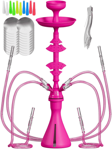 4 Hose Hookah set with everything Pink Mini Hookah with 50x Foil Silicone Bowl - Picture 1 of 4