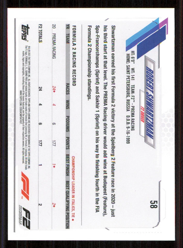 2021 Topps Chrome Formula 1 #58 Robert Shwartzman FS - Image 2 of 2