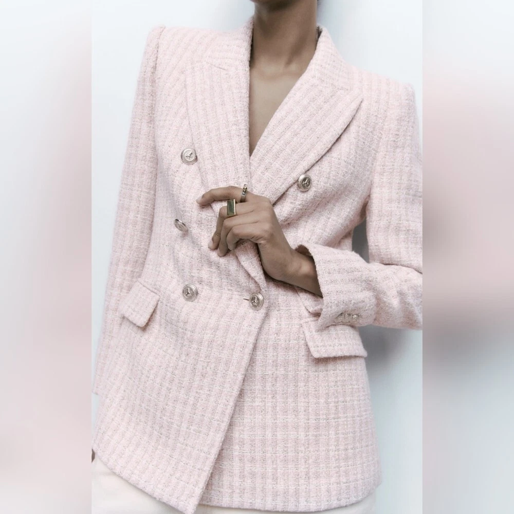 ZARA TEXTURED TWEED DOUBLE BREASTED BLAZER LIGHT PINK SILVER