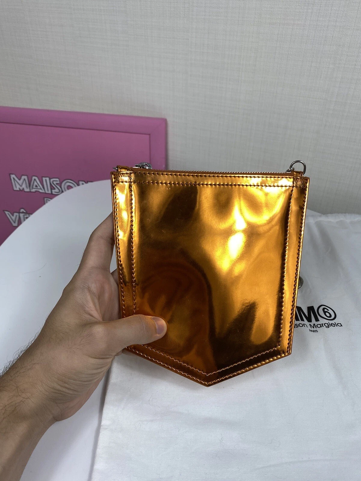 MAISON MARGIELA Casa Margiela MM6 Borsa Vinile Tasca Mini Borsa A Frizione Catena Metallica Arancione