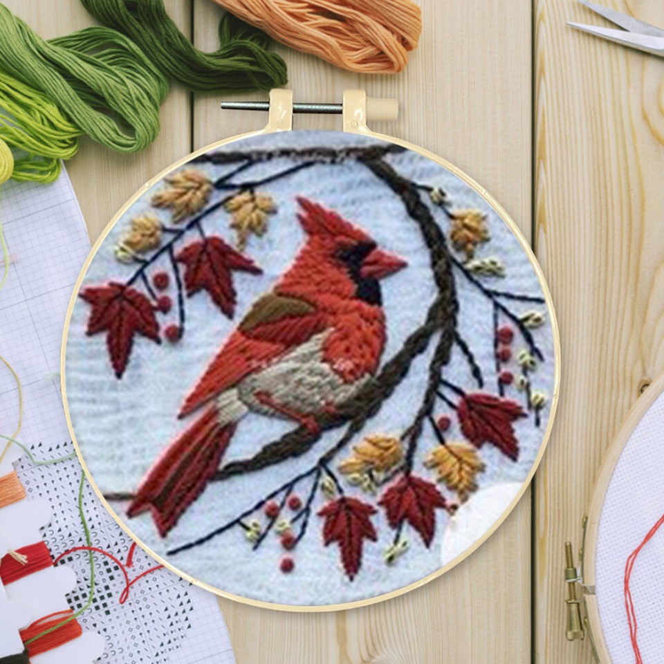 Cardinal Stamped Cross Stitch Embroidery Kits with Hoop Cloth Color ...