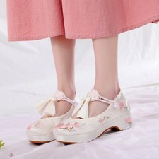 Women Ancient Style Hanfu Tassel Shoes High-Heeled Embroidered Costume Shoes