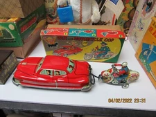 Car With Motorcycle Cop Tin Friction Toy Boxed Near Mint Works Rare Japan