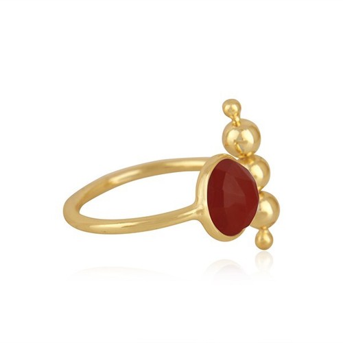 Gold Plated Ball Bead Rings Adjustable Handmade Red Onyx Gemstone Brass Rings - Picture 2 of 3