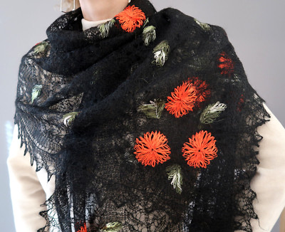 Embroidered Orenburg Black down Shawl, cape, wrap, goat down, shawl, scarf, wool