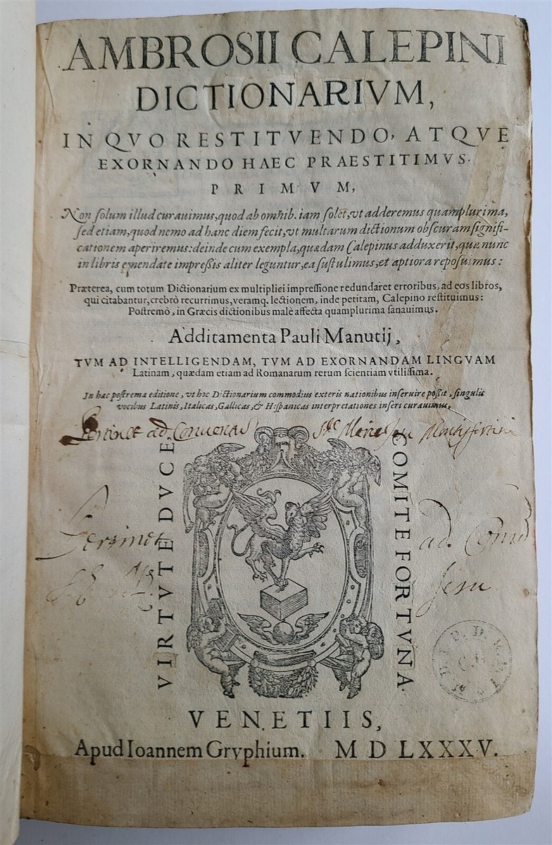 1585 LATIN DICTIONARY by AMBROSII CALEPINI DICTIONARUM antique