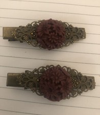  2 Berry Victorian Flower Cabochon Bronze Vintage Filigree Hair Clips