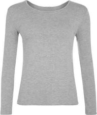WOMENS LADIES LONG SLEEVE STRETCH PLAIN ROUND SCOOP NECK T SHIRT TOP ASSORTED